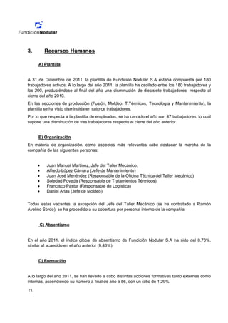 3.       Recursos Humanos

     A) Plantilla


A 31 de Diciembre de 2011, la plantilla de Fundición Nodular S.A estaba compuesta por 180
trabajadores activos. A lo largo del año 2011, la plantilla ha oscilado entre los 180 trabajadores y
los 200, produciéndose al final del año una disminución de diecisiete trabajadores respecto al
cierre del año 2010.
En las secciones de producción (Fusión, Moldeo. T.Térmicos, Tecnología y Mantenimiento), la
plantilla se ha visto disminuida en catorce trabajadores.
Por lo que respecta a la plantilla de empleados, se ha cerrado el año con 47 trabajadores, lo cual
supone una disminución de tres trabajadores respecto al cierre del año anterior.


     B) Organización
En materia de organización, como aspectos más relevantes cabe destacar la marcha de la
compañía de las siguientes personas:


     •    Juan Manuel Martínez, Jefe del Taller Mecánico.
     •    Alfredo López Cámara (Jefe de Mantenimiento)
     •    Juan José Menéndez (Responsable de la Oficina Técnica del Taller Mecánico)
     •    Soledad Poveda (Responsable de Tratamientos Térmicos)
     •    Francisco Pastur (Responsable de Logística)
     •    Daniel Arias (Jefe de Moldeo)


Todas estas vacantes, a excepción del Jefe del Taller Mecánico (se ha contratado a Ramón
Avelino Sordo), se ha procedido a su cobertura por personal interno de la compañía


      C) Absentismo


En el año 2011, el índice global de absentismo de Fundición Nodular S.A ha sido del 8,73%,
similar al acaecido en el año anterior (8,43%)


     D) Formación


A lo largo del año 2011, se han llevado a cabo distintas acciones formativas tanto externas como
internas, ascendiendo su número a final de año a 56, con un ratio de 1,29%.

75
 