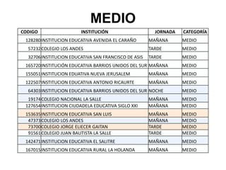 MEDIO
CODIGO                  INSTITUCIÓN                    JORNADA   CATEGORÍA
 128280INSTITUCION EDUCATIVA AVENIDA EL CARAÑO       MAÑANA      MEDIO
  57232COLEGIO LOS ANDES                             TARDE       MEDIO
  32706INSTITUCION EDUCATIVA SAN FRANCISCO DE ASIS   TARDE       MEDIO
 165720INSTITUCIÓN EDUCATIVA BARRIOS UNIDOS DEL SUR MAÑANA       MEDIO
 155051INSTITUCION EDUATIVA NUEVA JERUSALEM          MAÑANA      MEDIO
 122507INSTITUCION EDUCATIVA ANTONIO RICAURTE        MAÑANA      MEDIO
  64303INSTITUCION EDUCATIVA BARRIOS UNIDOS DEL SUR NOCHE        MEDIO
  19174COLEGIO NACIONAL LA SALLE                     MAÑANA      MEDIO
 127654INSTITUCION CIUDADELA EDUCATIVA SIGLO XXI     MAÑANA      MEDIO
 153635INSTITUCION EDUCATIVA SAN LUIS                MAÑANA      MEDIO
  47373COLEGIO LOS ANDES                             MAÑANA      MEDIO
  73700COLEGIO JORGE ELIECER GAITAN                  TARDE       MEDIO
  91561COLEGIO JUAN BAUTISTA LA SALLE                TARDE       MEDIO
 142471INSTITUCION EDUCATIVA EL SALITRE              MAÑANA      MEDIO
 167015INSTITUCION EDUCATIVA RURAL LA HOLANDA        MAÑANA      MEDIO
 