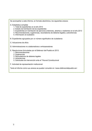 Se acompañan a este informe, en formato electrónico, los siguientes anexos:
A. Estadística completa
1. Total de expedientes en el año 2013
2. Estado de tramitación de los expedientes
3. Expedientes en tramitación de ejercicios anteriores, abiertos o reabiertos en el año 2013
4. Recomendaciones, sugerencias, recordatorios de deberes legales y advertencias
5. Información al ciudadano
B. Expedientes agrupados por un número significativo de ciudadanos
C. Actuaciones de oficio
D. Administraciones no colaboradoras o entorpecedoras
E. Resoluciones formuladas por el Defensor del Pueblo en 2013:
1. Recomendaciones
2. Sugerencias
3. Recordatorios de deberes legales
4. Advertencias
5. Solicitudes de intervención ante el Tribunal Constitucional
F. Actividad de representación institucional
Tanto el informe como sus anexos se pueden consultar en <www.defensordelpueblo.es>

2

 