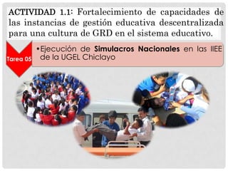 ACTIVIDAD 1.1: Fortalecimiento de capacidades de

las instancias de gestión educativa descentralizada
para una cultura de GRD en el sistema educativo.
Tarea 05

•Ejecución de Simulacros Nacionales en las IIEE
de la UGEL Chiclayo

 