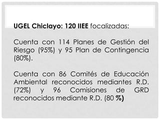 UGEL Chiclayo: 120 IIEE focalizadas:
Cuenta con 114 Planes de Gestión del
Riesgo (95%) y 95 Plan de Contingencia
(80%).
Cuenta con 86 Comités de Educación
Ambiental reconocidos mediantes R.D.
(72%) y 96 Comisiones de GRD
reconocidos mediante R.D. (80 %)

 