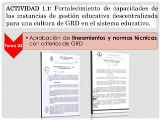 ACTIVIDAD 1.1: Fortalecimiento de capacidades de

las instancias de gestión educativa descentralizada
para una cultura de GRD en el sistema educativo.

Tarea 03

• Aprobación de lineamientos y normas técnicas
con criterios de GRD

 