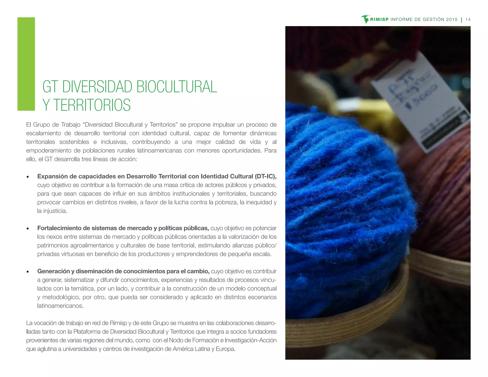 RIMISP INFORME DE GESTIÓN 2015 14
El Grupo de Trabajo “Diversidad Biocultural y Territorios” se propone impulsar un proceso de
escalamiento de desarrollo territorial con identidad cultural, capaz de fomentar dinámicas
territoriales sostenibles e inclusivas, contribuyendo a una mejor calidad de vida y al
empoderamiento de poblaciones rurales latinoamericanas con menores oportunidades. Para
ello, el GT desarrolla tres líneas de acción:
•	 Expansión de capacidades en Desarrollo Territorial con Identidad Cultural (DT-IC),
cuyo objetivo es contribuir a la formación de una masa crítica de actores públicos y privados,
para que sean capaces de influir en sus ámbitos institucionales y territoriales, buscando
provocar cambios en distintos niveles, a favor de la lucha contra la pobreza, la inequidad y
la injusticia.
•	 Fortalecimiento de sistemas de mercado y políticas públicas, cuyo objetivo es potenciar
los nexos entre sistemas de mercado y políticas públicas orientadas a la valorización de los
patrimonios agroalimentarios y culturales de base territorial, estimulando alianzas público/
privadas virtuosas en beneficio de los productores y emprendedores de pequeña escala.
•	 Generación y diseminación de conocimientos para el cambio, cuyo objetivo es contribuir
a generar, sistematizar y difundir conocimientos, experiencias y resultados de procesos vincu-
lados con la temática, por un lado, y contribuir a la construcción de un modelo conceptual
y metodológico, por otro, que pueda ser considerado y aplicado en distintos escenarios
latinoamericanos.
La vocación de trabajo en red de Rimisp y de este Grupo se muestra en las colaboraciones desarro-
lladas tanto con la Plataforma de Diversidad Biocultural y Territorios que integra a socios fundadores
provenientes de varias regiones del mundo, como con el Nodo de Formación e Investigación-Acción
que aglutina a universidades y centros de investigación de América Latina y Europa.
GT DIVERSIDAD BIOCULTURAL
Y TERRITORIOS
 