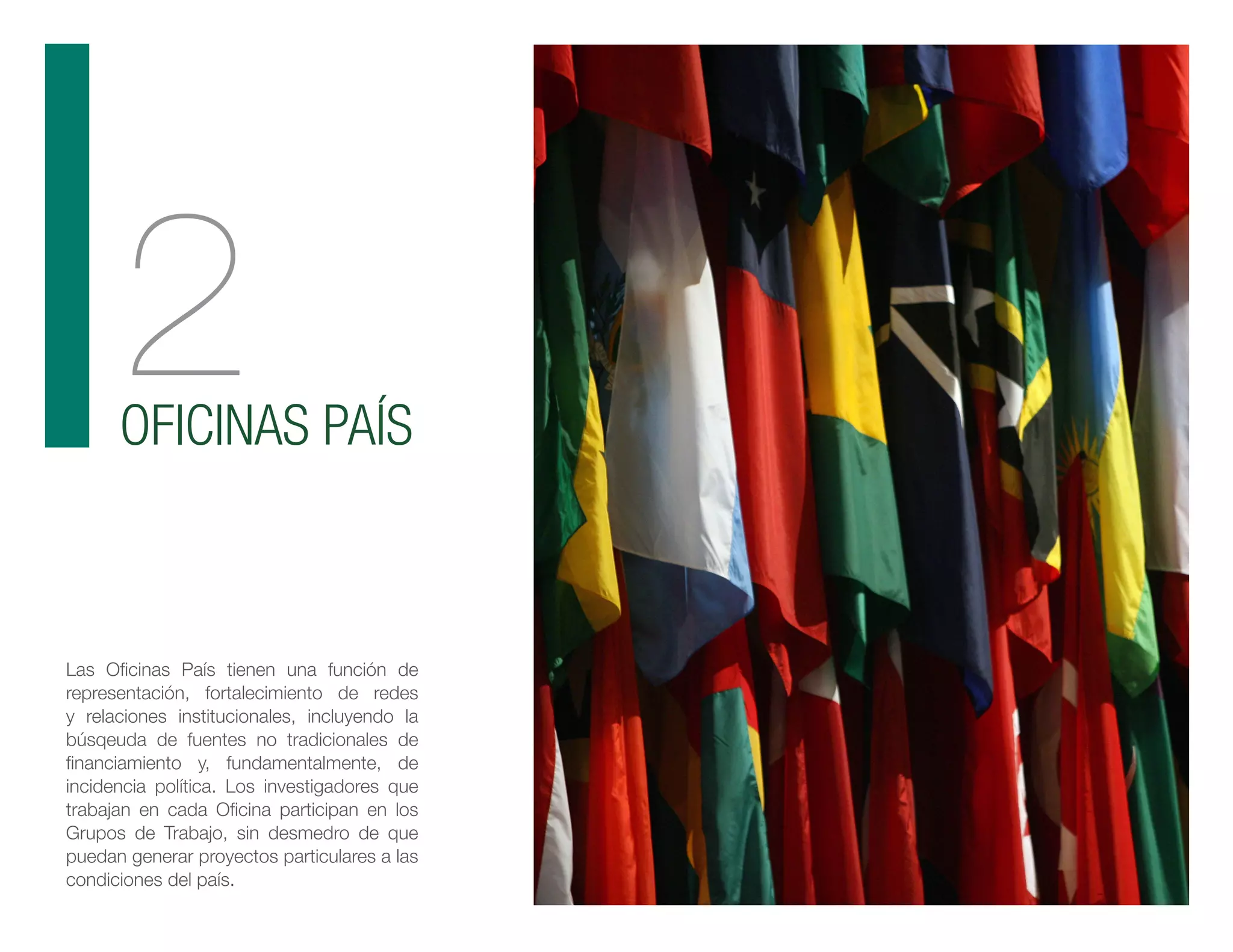 2OFICINAS PAÍS
Las Oficinas País tienen una función de
representación, fortalecimiento de redes
y relaciones institucionales, incluyendo la
búsqeuda de fuentes no tradicionales de
financiamiento y, fundamentalmente, de
incidencia política. Los investigadores que
trabajan en cada Oficina participan en los
Grupos de Trabajo, sin desmedro de que
puedan generar proyectos particulares a las
condiciones del país.
 