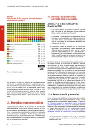 22 Informe de la Oficina de la Infancia y la Adolescencia
¿Vulneración de derechos? Quejas, consultas y actuaciones de iniciativa propia
II
2.1.	Derecho a un nivel de vida
adecuado para su desarrollo
Artículo 271
de la Convención sobre los
Derechos del Niño
1.	Los Estados Partes reconocen el derecho de todo
niño a un nivel de vida adecuado para su desarrollo
físico, mental, espiritual, moral y social.
2.	 A los padres u otras personas encargadas del niño les
incumbe la responsabilidad primordial de proporcio-
nar, dentro de sus posibilidades y medios económi-
cos, las condiciones de vida que sean necesarias para
el desarrollo del niño.
3.	Los Estados Partes, de acuerdo con las condiciones
nacionales y con arreglo a sus medios, adoptarán me-
didas apropiadas para ayudar a los padres y a otras
personas responsables por el niño a dar efectividad a
este derecho y, en caso necesario, proporcionarán asis-
tencia material y programas de apoyo, particularmente
con respecto a la nutrición, el vestuario y la vivienda.
La determinación de cuántos niños, niñas y adolescentes se
encuentran viviendo en situaciones de pobreza o precarie-
dad económica es difícil, de igual manera que resulta difícil
de precisar cuántos niños, niñas y adolescentes se pueden
contabilizar en los expedientes de familias que relatan situa-
ciones de dificultades para la cobertura de sus necesidades
básicas. Un año más, aplicando la estimación del porcentaje
de unidades de convivencia con hijos e hijas menores del to-
tal de perceptores de la Renta de Garantía de Ingresos a los
expedientes relativos a esa prestación económica tramitados
por esta institución, concluimos que 217 familias, en las que
habitualmente hay más de un menor, están viviendo una si-
tuación de dificultad económica importante. A este número
hay que añadir 31 expedientes del ámbito de Vivienda en los
que se señala la presencia de niños y niñas, así como caren-
cias importantes en los edificios que habitan, parte esencial
de las condiciones materiales en las que se desarrolla su vida.
2.1.1.	Contexto social y normativo
En los primeros días de 2018 se han conocido algunos datos
muy interesantes sobre privación en niños, niñas y adoles-
centes en situación de pobreza real en Euskadi. En el artícu-
lo “Pobreza y privación en la población menor. Enseñanzas
generales a partir del caso vasco”, el sociólogo Luis Sanzo
presenta la que resulta ser la primera información disponible
en España sobre privación en este colectivo de menores,
resultado de la introdución en la Encuesta de Pobreza y Des-
igualdades Sociales de Euskadi 2016 (EPDS-2016) de trece
1	
Los artículos citados en la cabecera de cada uno de los apartados de
este capítulo II.2 proceden de la Convención sobre los Derechos del Niño
(Naciones Unidas, 1989).
Gráfico 1.
Distribución de las quejas a instancia de parte
según ámbito temático
478
TOTAL
Nivel de vida adecuado: ingresos y vivienda...................................................... 248 (51,9%)
Educación............................................................................................................................................................................................................................................................97 (20,3%)
Protección.........................................................................................................................................................................................................................................................35 (7,3%)
Familia........................................................................................................................................................................................................................................................................ 29 (6,1%)
Salud....................................................................................................................................................................................................................................................................................25 (5,2%)
Otros.......................................................................................................................................................................................................................................................................................16 (3,3%)
Justicia........................................................................................................................................................................................................................................................................12 (2,5%)
Dependencia y discapacidad.........................................................................................................................................................11 (2,3%)
Juego, deporte y cultura....................................................................................................................................................................................... 5 (1,1%)
Fuente: elaboración propia
Los ámbitos a los que han atendido las investigaciones de
oficio, esto es, aquellas abiertas ante problemas que pue-
den trascender el supuesto individual o situaciones en las
que, a juicio de la institución, se puede estar viendo com-
prometido alguno de los derechos de la infancia, en 2017
se han referido fundamentalmente a los servicios sociales
para infancia en desprotección (11), más 2 en el área de
educación y un último relativo a la actuación de una policía
local.
2.	Derechos comprometidos
La panorámica cuantitativa de la actividad de la institución
del Ararteko en el ámbito de las personas menores en 2017
se completa con la presentación cualitativa de las problemá-
ticas y preocupaciones sentidas, las actuaciones realizadas
y, en ocasiones, los resultados o efectos conseguidos, en un
orden sugerido por el porcentaje de quejas contabilizadas y
agrupados todos ellos en torno a los derechos comprometi-
dos en las situaciones descritas.
Vista anterior
 