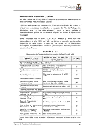 16
Municipalidad Provincial
de Lambayeque
Informe de Prácticas Pre Profesionales
Documentos de Planeamiento y Gestión
La MPL cuenta con dos tipos de documentos e instrumentos: Documentos de
Planeamiento e Instrumentos de Gestión
Tanto los documentos de planeamiento como los instrumentos de gestión se
encuentran aprobados y actualizados, a excepción del Plan de Participación
Ciudadana que no ha sido elaborado hasta la fecha, debido al
desconocimiento parcial de las normas legales en cuanto a organización
municipal.
Debe señalarse que el ROF, MOF, CAP, MAPRO y TUPA han sido
elaborados en el año 2010, pero aún mantienen su vigencia. Asimismo, las
funciones de cada unidad, el perfil de los cargos de los funcionarios
municipales, la descripción de las tareas y las funciones de cada puesto están
claramente definidas.
CUADRO N° 03
Documentos de Planeamiento e Instrumentos de Gestión de la MPL
DENOMINACIÓN
NOMBRE DEL DOCUMENTO O
INSTRUMENTO
VIGENTE
DOCUMENTOS DE PLANEAMIENTO
Plan de Desarrollo Concertado
Local
Plan de Desarrollo Concertado Prov
Lambayeque 2011-2021
Sí
Plan Estratégico Institucional -
PEI
PEI 2011-2014 (Plan Estratégico
Institucional)
Sí
Plan de Adquisiciones
Plan Anual de Adquisiciones de la MPL
2013
Sí
Plan de Participación Ciudadana No tiene
Plan de Contingencia para el
Fenómeno “El Niño”
Plan Provincial de Contingencia para el
Fenómeno "EL NIÑO" 2009-2010
No
Plan de Protección del Medio
Ambiente
Medidas de Ecoeficiencia en la MPL 2012 Sí
INSTRUMENTOS DE GESTIÓN
Reglamento de Organización y
Funciones – ROF
Reglamento de Organización y Funciones
– ROF
Sí
Manual de Organización y
Funciones – MOF
Manual de Organización y Funciones –
MOF
Sí
Cuadro de Asignación de
Personal – CAP
Cuadro de Asignación de Personal – CAP Sí
Texto de Único de Procedimientos
Administrativos – TUPA
Texto de Único de Procedimientos
Administrativos – TUPA
Sí
Manual de Procedimientos
Administrativos - MAPRO
Manual de Procedimientos Administrativos
- MAPRO
Sí
Plan Operativo Institucional – POI Plan Operativo Institucional Sí
Fuente: Elaboración propia en base a información consultada en el Portal Web de la
MPL
 