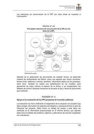 24
Municipalidad Provincial
de Lambayeque
Informe de Prácticas Pre Profesionales
Las relaciones de comunicación de la OPI con otras áreas se muestran a
continuación:
FIGURA N° 04
Principales relaciones de comunicación de la OPI con las
áreas de la MPL
Elaboración propia
Además de la elaboración de documentos de carácter formal, se desarrolló
material de ambientación de oficina, como una agenda que incluía reuniones,
fechas límite, teléfonos y anexos, directorio, información básica de los proyectos,
entre otros. También se realizó una redistribución de los muebles, para
aprovechar de mejor manera el espacio de la oficina, y se reorganizaron los
fólderes de archivo utilizando divisiones de acuerdo al tipo y fecha de documento
que contenían.
FUNCIÓN N° 2
Apoyo en la evaluación de los PIP (proyectos de inversión públicos)
La evaluación se inicia verificando el diagnóstico de la situación sin proyecto que
debe recoger información de aspectos tecnológicos y socioeconómicos el área de
influencia del proyecto. Debe incluir un trabajo de campo y este debe ser
verificado en la información proporcionada en el informe técnico, que además
debe incluir el detalle del problema, objetivos y alternativas de solución respaldada
con indicadores.
OFICINA DE
PROGRAMACIÓN
E INVERSIÓN
Gerencia de
Planeamient
o y
Presupuest
o Sub
Gerencia
de Obras
Sub
Gerencia
de
Recursos
Humanos
Sub
Gerencia
de Logística
Gerencia
de
Infraestruct
ura y
Urbanismo
Gerencia
Municipal
Alcaldía
 