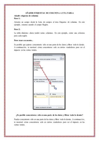 AÑADIR ETIQUETAS DE COLUMNA A UNA TABLA
Añadir etiquetas de columna
Paso 1:
Arrastra un campo desde la Lista de campos al área Etiquetas de columna. En este
ejemplo, estamos usando el campo Región.
Paso 2:
La tabla dinámica ahora tendrá varias columnas. En este ejemplo, existe una columna
para cada región.
Para tener en cuenta...
Es posible que quieras concentrarte sólo en una parte de los datos y filtrar todo lo demás.
A continuación, te mostraré cómo concentrarse solo en ciertos vendedores para ver el
impacto en las ventas totales.
¿Es posible concentrarse sólo en una parte de los datos y filtrar todo lo demás?
Puedes concentrarte sólo en una parte de los datos y filtrar todo lo demás. A continuación,
te mostraré cómo concentrarse solo en ciertos vendedores para ver el impacto en las
ventas totales.
 