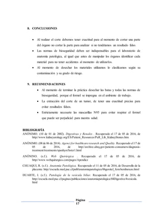 Página
17
8. CONCLUSIONES
 Al realizar el corte debemos tener exactitud para al momento de cortar una parte
del órgano no cortar la parte para analizar si no tendríamos un resultado falso.
 Las normas de bioseguridad deben ser indispensables para el laboratorio de
anatomía patológica, al igual que antes de manipular los órganos identificar cada
material para no tener accidentes al momento de utilizarlos.
 Al momento de desechar los materiales utilizamos lo clasificamos según su
contaminación y su grado de riesgo.
9. RECOMENDACIONES
 Al momento de terminar la práctica desechar las batas y todas las normas de
bioseguridad, porque el formol se impregna en el ambiente de trabajo.
 La extracción del corte de un tumor, de tener una exactitud precisa para
evitar resultados falsos.
 Estrictamente necesario las mascarillas N95 para evitar respirar el formol
que puede ser perjudicial para nuestra salud.
BIBLIOGRAFÍA
ANÓNIMO. (10 de 01 de 2002). Digestivas y Renales . Recuperado el 17 de 05 de 2016, de
http://www.kidneyurology.org/ES/Patient_Resources/PaR_Lib_KidneyStones.htm
ANÓNIMO. (08 de 06 de 2014). Agenci for healthcare research and Quality. Recuperado el 17 de
05 de 2016, de http://archive.ahrq.gov/patients-consumers/diagnosis-
treatment/treatments/spanhyst/hster1.html
ANÓNINO. (s.f.). Web Quirúrgica . Recuperado el 17 de 05 de 2016, de
http://www.webquirurgica.com/pages/Apendice
CHUAQUI, R. (s.f.). Anatomía Patológica. Recuperado el 11 de 05 de 2016, de Desarrollo de la
placenta: http://escuela.med.puc.cl/publ/anatomiapatologica/06genital_fem/6embarazo.html
DUARTE, I. (s.f.). Patología de la vesicula biliar. Recuperado el 17 de 05 de 2016, de
http://escuela.med.puc.cl/paginas/publicaciones/anatomiapatologica/04Digestivo/4vesicula.
html
 