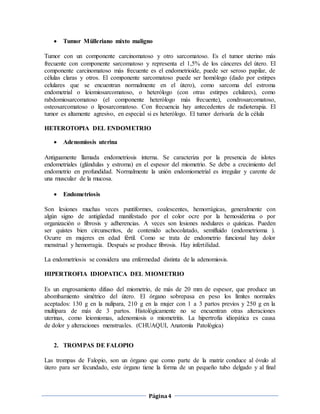 Página4
 Tumor Mülleriano mixto maligno
Tumor con un componente carcinomatoso y otro sarcomatoso. Es el tumor uterino más
frecuente con componente sarcomatoso y representa el 1,5% de los cánceres del útero. El
componente carcinomatoso más frecuente es el endometrioide, puede ser seroso papilar, de
células claras y otros. El componente sarcomatoso puede ser homólogo (dado por estirpes
celulares que se encuentran normalmente en el útero), como sarcoma del estroma
endometrial o leiomiosarcomatoso, o heterólogo (con otras estirpes celulares), como
rabdomiosarcomatoso (el componente heterólogo más frecuente), condrosarcomatoso,
osteosarcomatoso o liposarcomatoso. Con frecuencia hay antecedentes de radioterapia. El
tumor es altamente agresivo, en especial si es heterólogo. El tumor derivaría de la célula
HETEROTOPIA DEL ENDOMETRIO
 Adenomiosis uterina
Antiguamente llamada endometriosis interna. Se caracteriza por la presencia de islotes
endometriales (glándulas y estroma) en el espesor del miometrio. Se debe a crecimiento del
endometrio en profundidad. Normalmente la unión endomiometrial es irregular y carente de
una muscular de la mucosa.
 Endometriosis
Son lesiones muchas veces puntiformes, coalescentes, hemorrágicas, generalmente con
algún signo de antigüedad manifestado por el color ocre por la hemosiderina o por
organización o fibrosis y adherencias. A veces son lesiones nodulares o quísticas. Pueden
ser quistes bien circunscritos, de contenido achocolatado, semifluido (endometrioma ).
Ocurre en mujeres en edad fértil. Como se trata de endometrio funcional hay dolor
menstrual y hemorragia. Después se produce fibrosis. Hay infertilidad.
La endometriosis se considera una enfermedad distinta de la adenomiosis.
HIPERTROFIA IDIOPATICA DEL MIOMETRIO
Es un engrosamiento difuso del miometrio, de más de 20 mm de espesor, que produce un
abombamiento simétrico del útero. El órgano sobrepasa en peso los límites normales
aceptados: 130 g en la nulípara, 210 g en la mujer con 1 a 3 partos previos y 250 g en la
multípara de más de 3 partos. Histológicamente no se encuentran otras alteraciones
uterinas, como leiomiomas, adenomiosis o miometritis. La hipertrofia idiopática es causa
de dolor y alteraciones menstruales. (CHUAQUI, Anatomía Patológica)
2. TROMPAS DE FALOPIO
Las trompas de Falopio, son un órgano que como parte de la matriz conduce al óvulo al
útero para ser fecundado, este órgano tiene la forma de un pequeño tubo delgado y al final
 