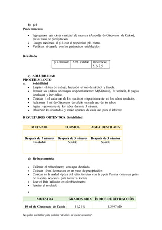 No pidas cantidad pide calidad “Análisis de medicamentos”.
b) pH
Procedimiento
 Agregamos una cierta cantidad de muestra (Ampolla de Gluconato de Calcio),
en un vaso de precipitación
 Luego medimos el pH, con el respectivo pH-metro.
 Verificar si cumple con los parámetros establecidos
Resultado
pH obtenido 5.98 estable Referencia:
5.2- 7.5
c) SOLUBILIDAD
PROCEDIMIENTO
a. Solubilidad
 Limpiar el área de trabajo, haciendo el uso de alcohol y franela.
 Rotular los 4 tubos de ensayos respectivamente: M(Metanol), F(Formol), H (Agua
destilada) y éter etílico.
 Colocar 1 ml cada uno de los reactivos respectivamente en los tubos rotulados.
 Adicionar 1 ml de Gluconato de calcio en cada uno de los tubos
 Agitar vigorosamente los tubos durante 3 minutos.
 Observar los resultados y tomar apuntes de cada uno para el informe
RESULTADOS OBTENIDOS: Solubilidad
METANOL FORMOL AGUA DESTILADA
Después de 3 minutos Después de 3 minutos Después de 3 minutos
Insoluble Soluble Soluble
d) Refractometría
 Calibrar el refractómetro con agua destilada
 Colocar 10 ml de muestra en un vaso de precipitación
 Colocar en la unidad óptica del refractómetro con la pipeta Pasteur con unas gotas
de muestra necesaria para tomar la lectura
 Leer el Brix indicado en el refractómetro
 Anotar el resultado

MUESTRA GRADOS BRIX ÌNDICE DE REFRACCIÒN
10 ml de Gluconato de Calcio 11,21% 1,3497 nD
 