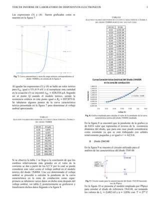 TERCER INFORME DE LABORATORIO DE DISPOSITIVOS ELECTRONICOS                                                                                              3

Las expresiones (3) y (4)              fueron graficadas como se
muestra en la figura 7:                                                                                TABLA II
                                                                              ALGUNOS VALORES OBTENIDOS DE LA CURVA CARACTERÍSTICA TEÓRICA
                                                                                       DEL DIODO 1N4004 DESPUÉS DEL VOLTAJE CODO.

                                                                                                         VD (V)      ID (A)
                                                                                                          0,52     3,55E-04
                                                                                                         0,525     3,92E-04
                                                                                                          0,53     4,32E-04
                                                                                                         0,535     4,76E-04
                                                                                                          0,54     5,25E-04
                                                                                                         0,545     5,79E-04
                                                                                                          0,55     6,38E-04
                                                                                                         0,555     7,03E-04
                                                                                                          0,56     7,75E-04
                                                                                                         0,565     8,55E-04
                                                                                                          0,57     9,42E-04
                                                                                                         0,575     1,04E-03
                                                                                                          0,58     1,15E-03
                                                                                                         0,585     1,26E-03
                                                                                                          0,59     1,39E-03
                                                                                                         0,595     1,53E-03
                                                                                                           0,6     1,69E-03
 Fig. 7. Curva característica y recta de carga teóricas correspondientes al
                diodo 1N4004 y al circuito de la figura 4.


Al igualar las expresiones (3) y (4) se hallo un valor teórico
para  igual a 551,619 mV y al reemplazar esta cantidad
en la ecuación (3) se encontró  = 658,356 , llegando
así al punto Q usando el modelo teórico, siendo la
resistencia estática en este punto igual a  = 837,873 Ω.
Se tabularon algunos puntos de la curva característica
teórica presentada en la figura 7 para determinar el voltaje
umbral aproximado.

                                                                              Fig. 8. Grafica empleada para calcular el valor de la pendiente de la curva
                          TABLA I                                                         característica teórica del diodo 1N4004 estudiado.
ALGUNOS VALORES OBTENIDOS DE LA CURVA CARACTERÍSTICA TEÓRICA
                     DEL DIODO 1N4004.
                                                                              En la figura 8 se encontró que la pendiente de la grafica es
                            VD (V)     ID (µA)                                de 0,016 valor que representa el inverso de la resistencia
                             0,30       4,870                                 dinámica del diodo, que para este caso puede considerarse
                             0,33       9,337                                 como constante ya que se está trabajando con señales
                             0,37      17,893                                 relativamente pequeñas y es igual a  = 62,5 Ω.
                             0,40      34,275
                             0,43      65,645                                     B.    Diodo 1N4148.
                             0,47      125,713
                             0,50      240,734
                             0,53      460,984
                                                                              En la figura 9 se muestra el circuito utilizado para el
                             0,57      882,730                                análisis de las características del diodo 1N4148:
                             0,60     1690,000

Si se observa la tabla 1 se llega a la conclusión de que los
cambios relativamente más grandes en el valor de la
corriente se dan a partir de los 0,5 V por lo cual se puede
considerar este valor como el voltaje umbral en el modelo
teórico del diodo 1N4004. Una vez determinado el voltaje
umbral se procedió a calcular la pendiente de la curva
característica en la zona de conducción como sigue:
primero se tabularon varios datos en dicha zona después del                   Fig. 9. Circuito usado para la caracterización del diodo 1N4148 haciendo
voltaje umbral, ver tabla 2; posteriormente se graficaron y                                                 uso de PSpice.
linealizaron dichos datos llegando a la figura 8.                             En la figura 10 se presenta el modelo empleado por PSpice
                                                                              para simular el diodo de referencia 1N4148, así tomando
                                                                              los valores de  = 2,682  y  = 1,836; con  = 27° 
 