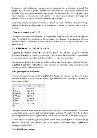 Seguramente estás familiarizado con procesos de automatización en el ámbito industrial. Un
ejemplo muy claro son las plantas ensambladoras de automóviles donde existen robots que han
sustituido tareas que antes eran hechas por humanos. La automatización trajo beneficios como
mayor eficiencia y productividad de las plantas y un mejor aprovechamiento del tiempo del
personal al reducir la cantidad de tareas repetitivas que realizaban.
De la misma manera las macros nos ayudan a eliminar esas tareas repetitivas de nuestro trabajo
cotidiano al permitirnos utilizar mejor nuestro tiempo en el análisis de los datos y en la toma de
decisiones.
¿Cómo se ve una macro en Excel?
Las macros son escritas en un lenguaje de computadora conocido como VBA por sus siglas en
inglés (Visual Basic for Applications). Como cualquier otro lenguaje de computadora debemos
aprender a utilizar los comandos que nos ayudarán a indicar a Excel lo que deseamos hacer con
nuestros datos.
EL GRÁFICO DE COLUMNAS EN EXCEL
El gráfico de columnas en Excel es uno de los gráficos más utilizados ya que nos permite
representar fácilmente la cantidad de veces que ocurre un valor. Dicha cantidad es representada
por una barra vertical cuya altura está determinada por el valor que representa.
Entre mayor sea un valor, la columna del gráfico será mas alta. De esta manera podemos decir que
un gráfico de columnas en Excel nos permite visualizar las diferencias entre las magnitudes de
los datos que están siendo representados.
Datos para el gráfico de columnas
El primer paso para la creación de un gráfico de columnas es organizar los datos de manera
adecuada en nuestra hoja de Excel. La primera regla importante es no dejar filas o columnas en
blanco entre los datos.
La segunda regla que deben seguir los datos será que la etiqueta colocada como título de columna
se interpretará como el nombre de la serie (en el ejemplo la etiqueta “Producto 1”). Todos los datos
que estén por debajo de dicha etiqueta estarán identificados con el mismo color dentro del gráfico.
El texto colocado en cada fila (que en el ejemplo con los meses del año) serán las etiquetas del eje
horizontal del gráfico. Esto quedará claro en un instante cuando insertemos el gráfico de
columnas en nuestra hoja.
Crear el gráfico de columnas
 