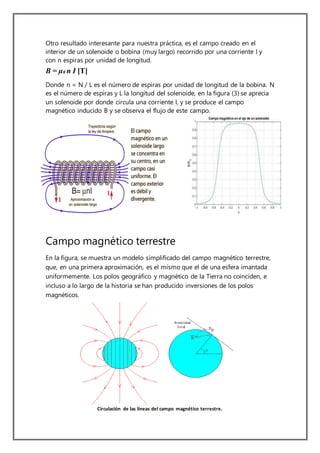Otro resultado interesante para nuestra práctica, es el campo creado en el
interior de un solenoide o bobina (muy largo) recorrido por una corriente I y
con n espiras por unidad de longitud.
B = µ0 n I [T]
Donde n = N / L es el número de espiras por unidad de longitud de la bobina. N
es el número de espiras y L la longitud del solenoide, en la figura (3) se aprecia
un solenoide por donde circula una corriente I, y se produce el campo
magnético inducido B y se observa el flujo de este campo.
Campo magnético terrestre
En la figura, se muestra un modelo simplificado del campo magnético terrestre,
que, en una primera aproximación, es el mismo que el de una esfera imantada
uniformemente. Los polos geográfico y magnético de la Tierra no coinciden, e
incluso a lo largo de la historia se han producido inversiones de los polos
magnéticos.
Circulación de las líneas del campo magnético terrestre.
 