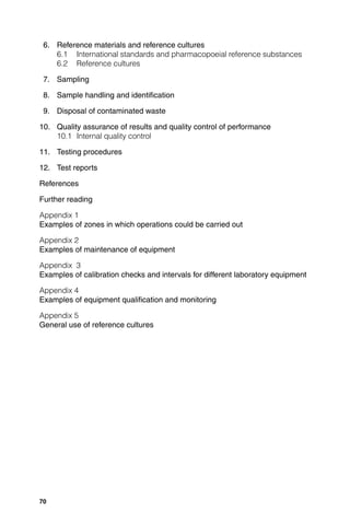 6. Reference materials and reference cultures
    6.1 International standards and pharmacopoeial reference substances
    6.2 Reference cultures

 7. Sampling

 8. Sample handling and identiﬁcation

 9. Disposal of contaminated waste

10. Quality assurance of results and quality control of performance
    10.1 Internal quality control

11. Testing procedures

12. Test reports

References

Further reading

Appendix 1
Examples of zones in which operations could be carried out

Appendix 2
Examples of maintenance of equipment

Appendix 3
Examples of calibration checks and intervals for different laboratory equipment

Appendix 4
Examples of equipment qualiﬁcation and monitoring

Appendix 5
General use of reference cultures




70
 
