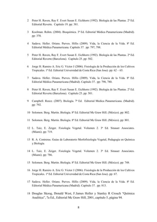 8
2 Peter H. Raven, Ray F. Evert Susan E. Eichhorn (1992). Biología de las Plantas. 2ª Ed.
Editorial Reverte. Capítulo 19. pp: 381.
3 Koolman. Rohm. (2004). Bioquímica. 3ª Ed. Editorial Médica Panamericana (Madrid).
pp: 370.
4 Sadava. Heller. Orians. Purves. Hillis (2009). Vida, la Ciencia de la Vida. 8ª Ed.
Editorial Médica Panamericana. Capítulo 37. pp: 797, 798.
5 Peter H. Raven, Ray F. Evert Susan E. Eichhorn (1992). Biología de las Plantas. 2ª Ed.
Editorial Reverte (Barcelona). Capítulo 25. pp: 502.
6 Jorge H. Ramiro A. Eric G. Victor J (2006). Fisiología de la Producción de los Cultivos
Tropicales. 1ª Ed. Editorial Universidad de Costa Rica (San Jose). pp: 62 – 65.
7 Sadava. Heller. Orians. Purves. Hillis (2009). Vida, la Ciencia de la Vida. 8ª Ed.
Editorial Médica Panamericana (Madrid). Capítulo 37. pp: 798, 780.
8 Peter H. Raven, Ray F. Evert Susan E. Eichhorn (1992). Biología de las Plantas. 2ª Ed.
Editorial Reverte (Barcelona). Capítulo 25. pp: 501.
9 Campbell. Reece. (2007). Biología. 7ª Ed. Editorial Medica Panamericana. (Madrid).
pp: 792.
10 Solomon. Berg. Martin. Biología. 8ª Ed. Editorial Mc Graw Hill. (México). pp: 802.
11 Solomon. Berg. Martin. Biología. 8ª Ed. Editorial Mc Graw Hill. (México). pp: 801.
12 L. Taiz, E. Zeiger. Fisiología Vegetal. Volumen 2. 3ª Ed. Sinauer Associates.
(Miami). pp: 719.
13 R. A. Contreras. Guías de Laboratorio Morfofisiología Vegetal, Pedagogía en Química
y Biología.
14 L. Taiz, E. Zeiger. Fisiología Vegetal. Volumen 2. 3ª Ed. Sinauer Associates.
(Miami). pp: 786.
15 Solomon. Berg. Martin. Biología. 8ª Ed. Editorial Mc Graw Hill. (México). pp: 748.
16 Jorge H. Ramiro A. Eric G. Victor J (2006). Fisiología de la Producción de los Cultivos
Tropicales. 1ª Ed. Editorial Universidad de Costa Rica (San Jose). pp: 67.
17 Sadava. Heller. Orians. Purves. Hillis (2009). Vida, la Ciencia de la Vida. 8ª Ed.
Editorial Médica Panamericana (Madrid). Capítulo 37. pp: 813.
18 Douglas Skoog, Donald West, F.James Holler y Stanley R Crouch “Química
Analítica”, 7a Ed., Editorial Mc Graw Hill, 2001, capítulo 5, página 94.
 
