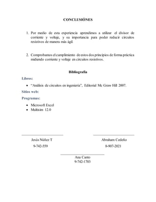 CONCLUSIÓNES
1. Por medio de esta experiencia aprendimos a utilizar el divisor de
corriente y voltaje, y su importancia para poder reducir circuitos
resistivos de manera más ágil.
2. Comprobamos elcumplimiento deestos dos principios de forma práctica
midiendo corriente y voltaje en circuitos resistivos.
Bibliografía
Libros:
 “Análisis de circuitos en ingeniería”, Editorial Mc Graw Hill 2007.
Sitios web:
Programas:
 Microsoft Excel
 Multisim 12.0
_______________________ _______________________
Jesús Núñez T Abraham Cedeño
9-742-559 8-907-2021
_______________________
Ana Canto
9-742-1703
 