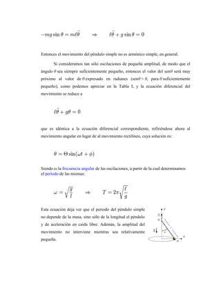 Entonces el movimiento del péndulo simple no es armónico simple, en general.

       Si consideramos tan sólo oscilaciones de pequeña amplitud, de modo que el
ángulo θ sea siempre suficientemente pequeño, entonces el valor del senθ será muy
próximo al valor de θ expresado en radianes (senθ ≈ θ, para θ suficientemente
pequeño), como podemos apreciar en la Tabla I, y la ecuación diferencial del
movimiento se reduce a




que es idéntica a la ecuación diferencial correspondiente, refiriéndose ahora al
movimiento angular en lugar de al movimiento rectilíneo, cuya solución es:




Siendo ω la frecuencia angular de las oscilaciones, a partir de la cual determinamos
el período de las mismas:




Esta ecuación deja ver que el periodo del péndulo simple
no depende de la masa, sino sólo de la longitud el péndulo
y de aceleración en caída libre. Además, la amplitud del
movimiento no interviene mientras sea relativamente
pequeña.
 