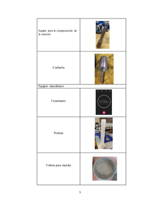 5
Equipo para la compactación de
la muestra
Cucharón
Equipos misceláneos
Cronómetro
Probeta
Cubeta para mezclar
 