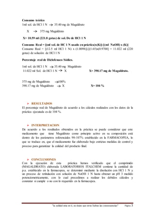 Consumo teórico 
1ml sol. de HCl 1 N 35.40 mg de Magaldrato 
X 375 mg Magaldrato 
X= 10.59 ml (221.8 gotas) de sol. De de HCl 1 N 
Consumo Real = [(ml sol. de HC 1 N usado en práctica)x(K)]-[(ml NaOH) x (K)] 
Consumo Real = [(12.5 ml HCl 1 N) x (1.0098)]-[(1.65)x(0.9700] = 11.022 ml (220 
gotas) de solución de HCl 1 N 
Porcentaje real de Diclofenaco Sódico. 
1ml sol. de HCl 1 N 35.40 mg Magaldrato 
11.022 ml Sol. de HCl 1 N X X= 390.17 mg de Magaldrato. 
375 mg de Magaldrato 100% 
390.17 mg de Magaldrato X X= 104 % 
“la calidad esta en ti, no dejes que otros Sufran las consecuencias“ Página 3 
 RESULTADOS 
El porcentaje real de Magaldrato de acuerdo a los cálculos realizados con los datos de la 
práctica ejecutada es de 104 %. 
 INTERPRETACION 
De acuerdo a los resultados obtenidos en la práctica se puede considerar que este 
medicamento que tiene Magaldrato como principio activo en su composición está 
dentro de los parámetros referenciales 98-107% establecido en la FARMACOPEA, lo 
que se traduce en, que el medicamento fue elaborado bajo estrictas medidas de control y 
proceso para garantizar la calidad del producto final. 
 CONCLUSIONES 
Con la ejecución de esta práctica hemos verificado que el comprimido 
(MAGALDRATO) elaborada LABORATORIOS ITALCHEM contiene la cantidad de 
p.a. establecido en la farmacopea, se determinó mediante la disolución con HCl 1 N y 
un proceso de retitulación con solución de NaOH 1 N hasta obtener un pH 3 medido 
potenciometricamente, con lo cual precedimos a realizar los debidos cálculos y 
constatar si cumple o no con lo requerido en la farmacopea. 
 
