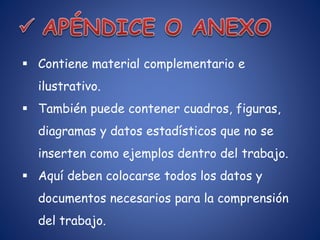  Contiene material complementario e
ilustrativo.
 También puede contener cuadros, figuras,
diagramas y datos estadísticos que no se
inserten como ejemplos dentro del trabajo.
 Aquí deben colocarse todos los datos y
documentos necesarios para la comprensión
del trabajo.
 