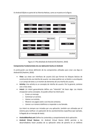 En Android SQLite es parte de las librerías Nativas, como se muestra en la figura:




                    Figura 2-1 Pila detallada de Android OS [Hashimi, 2010]

Componentes Fundamentales de una Aplicación hecha en Android:

A continuación una breve definición de los componentes utilizados para crear una App en
Android OS [Hashimi, 2010]:

       View: Las views son interfaces de usuario (IU) que forman los bloques básicos de
        construcción de una interfaz de usuario. Las views podrían ser un botón o una etiqueta
        o un campo de texto o un montón de elementos de una interfaz de usuario.
       Activity: Una activity es un concepto de interfaz de usuario. Por lo general, contiene
        uno o más views.
       Intent: Un intent generalmente define una “intención” de hacer algo. Los intents
        encapsulan varios conceptos. Se puede utilizar los intent para:
            o Enviar un mensaje.
            o Comenzar un servicio.
            o Llamar a un activity.
            o Mostrar una pagina web o una lista de contactos.
            o Llamar a un número telefónico o responder a una llamada.

        Los intent no siempre son iniciados por una aplicación, también son utilizados por el
        sistema para notificar a la aplicación de los acontecimientos específicos (por ejemplo,
        la llegada de un mensaje de texto).

       AndroidManifest.xml: Define los contenidos y comportamiento de la aplicación.
       Android Virtual Devices: Un Android Virtual Device (AVD) permite a los
        desarrolladores hacer pruebas de su aplicación antes de ponerla en un teléfono
 