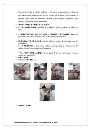 ´´Todo es veneno nada es veneno todo depende de la dosis´´
 Una vez concluida la práctica se limpia y desinfecta el área donde se trabajó ya
que puede causar contaminación debido a restos que se hayan regado durante la
práctica, dejar todos los materiales limpios y los reactivos empleados bien
cerrados, ordenados donde corresponde.
6. REACCIONES DE IDENTIFICACIÓN:
 CLORURO DE BARIO: produce un precipitado blanco purulento de sulfato de
bario.
 PERMANGANATO DE POTASIO + CLORURO DE BARIO: forma un
precipitado de sulfato de bario, color violeta por el permanganato.
 RODIZONATO DE BARIO: el ácido sulfúrico produce la coloración roja del
Rodizonato.
 SI LA MUESTRA contiene ácido sulfúrico debe producir la carbonización del
azúcar al ponerla en contacto con la muestra.
 VERATRINA (ALCALOIDE): da una gama de colores, verde, azul, violeta y
finalmente rojo-pardo.
7. GRÁFICOS:
 VICERAS DE POLLO
8. RESULTADOS:
 