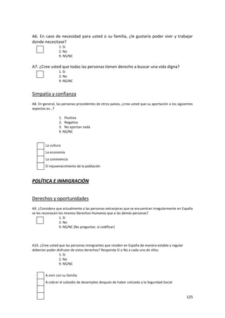 A6. En caso de necesidad para usted o su familia, ¿le gustaría poder vivir y trabajar
donde necesitase?
                 1. Sí
                 2. No
                 9. NS/NC

A7. ¿Cree usted que todas las personas tienen derecho a buscar una vida digna?
                 1. Sí
                 2. No
                 9. NS/NC


Simpatía y confianza
A8. En general, las personas procedentes de otros países, ¿cree usted que su aportación a los siguientes
aspectos es…?

                 1. Positiva
                 2. Negativa
                 3. No aportan nada
                 9. NS/NC


        La cultura
        La economía
        La convivencia
        El rejuvenecimiento de la población



POLÍTICA E INMIGRACIÓN


Derechos y oportunidades
A9. ¿Considera que actualmente a las personas extranjeras que se encuentran irregularmente en España
se les reconocen los mismos Derechos Humanos que a las demás personas?
                  1. Sí
                  2. No
                  9. NS/NC (No preguntar, sí codificar)



A10. ¿Cree usted que las personas inmigrantes que residen en España de manera estable y regular
deberían poder disfrutar de estos derechos? Responda Sí o No a cada uno de ellos.
                 1. Sí
                 2. No
                 9. NS/NC


        A vivir con su familia
        A cobrar el subsidio de desempleo después de haber cotizado a la Seguridad Social


                                                                                                    125
 