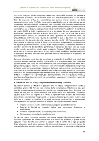 Actitudes de los valencianos y valencianas ante la población inmigrante



críticos: un 23% juzga que los inmigrantes reciben peor trato que los españoles por parte de la
clase política. Así como la falta de estudios incide en la respuesta como que no se sabe o en la
falta de respuesta (34%), los universitarios son quienes menos perciben un trato
comparativamente mejor (24,7%) y entre quienes abunda algo más la valoración de que se
dispensa un trato igual (36,7%). En la misma tónica, jubilados e incapacitados se encuentran
entre quienes se responde que no se sabe o entre quienes no contestan (31%); mientras que la
valoración de que se dispensa trato igual está más presente entre trabajadores y demandantes
de empleo (36,4% y 35,5% respectivamente); y la percepción de peor trato destaca entre
estudiantes y personas dedicadas a labores en el hogar (21,4%). Por lo que toca al auto-
posicionamiento político, la conciencia de trato igualitario se incrementa entre los
encuestados de centro-izquierda (49,1%), la percepción de que se da mejor trato está más
presente entre los de centro-derecha y extrema derecha (46,9% y 47,1% respectivamente),
mientras que la valoración de que se da peor trato está más arraigada entre los encuestados
de izquierda y extrema izquierda (25,9% y 21,8% respectivamente). Cuando nos atenemos al
sentido y sentimiento de identidad y pertenencia, la conciencia de mejor trato se reduce
mucho entre los que incluyen a todas las personas entre “los suyos” (24,8%) así como también
entre ellos se incrementa la conciencia de peor trato (16,3%). Quizá llama algo la atención que
la conciencia de mejor trato esté más presente entre los encuestados de la provincia de
Castellón (36,2%).
Se puede interpretar como signo de normalidad la percepción de igualdad, pero habría que
comparar esa percepción de igualdad con las políticas o programas reales y en cuales esa
igualdad es real y en cuáles no. Faltan elementos para valorar la percepción de mejor trato:
porque no se pregunta si es una compensación justa a mayores dificultades de los inmigrantes
en la vida social; o si es un privilegio indebido; o si el mejor trato se refiere a los discursos, a la
política según se diseña y aprueba, o a la aplicación real y concreta de las políticas en cuestión.
Contrastan dos percepciones presentes en la encuesta: que la población inmigrante sufre peor
trato en el ámbito laboral (explotación, peso de la legislación o falta de respuestas públicas), y
que la clase política dispensa mejor trato comparativo a las personas inmigrantes respecto de
la población española.
6.5.- Posición ante los actos y comportamientos racistas y xenófobos
Se pretende conocer la actitud de la población ante los actos y comportamientos racistas y
xenófobos (gráfico 45). Pero se hizo evitando dicha nomenclatura. Más bien se optó por
describir unos comportamientos que corresponden con estas variables. Y aun dentro de este
campo se optó por los comportamientos que pueden estar más extendidos, incluyendo
aquellos que podrían ser juzgados más sutiles: la expresión verbal o escrita de comentarios
despectivos o amenazantes. Y se preguntó por la respuesta social que merecen: cuál cree que
debe ser la respuesta principal de la sociedad a comentarios despectivos o amenazantes
contra personas extranjeras y miembros de minorías. Las respuestas posibles fueron:
       Imponer sanciones penales o administrativas, según la gravedad de lo dicho
       Respetar la libertad de expresión, incluso ante comentarios despectivos o
        amenazantes
       Insistir en la sensibilización y la educación para la convivencia
       Rechazar estos comportamientos abiertamente
Se trata de cuatro respuestas plausibles. Una puede parecer más contemporizadora con
actitudes reprobables, en nombre del respeto a la libertad de expresión, o puede incluso
apoyarse en este derecho para justificar la agresión verbal o escrita. No es algo que pueda
llegar a juzgarse: quede como expresión de quien estaría dispuesto a un mayor margen de
tolerancia frente a actitudes racistas o xenófobas. Otra insiste en la respuesta social y pública

                                                                                                    63
 