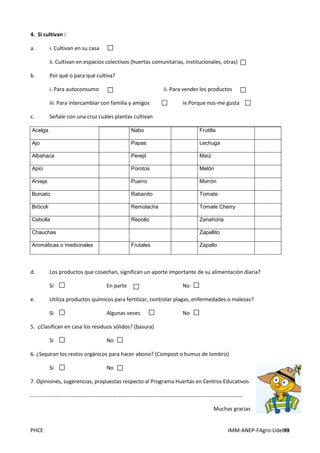 PHCE IMM-ANEP-FAgro-UdelaR99
4. Si cultivan :
a. i. Cultivan en su casa
ii. Cultivan en espacios colectivos (huertas comunitarias, institucionales, otras)
b. Por qué o para qué cultiva?
i. Para autoconsumo ii. Para vender los productos
iii. Para intercambiar con familia y amigos iv.Porque nos-me gusta
c. Señale con una cruz cuáles plantas cultivan
Acelga Nabo Frutilla
Ajo Papas Lechuga
Albahaca Perejil Maíz
Apio Porotos Melón
Arveja Puerro Morrón
Boniato Rabanito Tomate
Brócoli Remolacha Tomate Cherry
Cebolla Repollo Zanahoria
Chauchas Zapallito
Aromáticas o medicinales Frutales Zapallo
d. Los productos que cosechan, significan un aporte importante de su alimentación diaria?
Si En parte No
e. Utiliza productos químicos para fertilizar, controlar plagas, enfermedades o malezas?
Si Algunas veces No
5. ¿Clasifican en casa los residuos sólidos? (basura)
Si No
6. ¿Separan los restos orgánicos para hacer abono? (Compost o humus de lombriz)
Si No
7. Opiniones, sugerencias, propuestas respecto al Programa Huertas en Centros Educativos
…………………………………………………………………………………………………………………………………………
Muchas gracias
 
