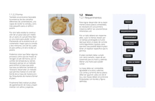 También encontramos favorable
la existencia de dos tamaños
diferentes de contenedores, uno
capas de recibir la comida, y otro
más pequeño para un aliño o
postre.
Por otro lado estaba la construc-
ción de un posa vaso por medio
de un vacío, el cual permitia liber-
ar una mano para poder comer.
Planteando así la existencia de un
contenedor mayor para la comida
y dos menores; uno de los cuales
es para aliños y el otro recibe un
postre.
Podemos notar que faltan algunos
procesos como que las masas se
recogen al salir del horno, por el
cambio de temperatura, siendo
necesario pensar en un método
para enfriar la masa que evite
que esta se deforme; también es
necesario desarrollar un método
que permita realizar el corte del
borde de la masa de manera pro-
lija, finiquitando de manera formal
el plato.
Finalmente falta realizar pruebas
de pigmentación de masa y exper-
imentar con aliños y especias.
1.2	Masas
1.2.1 Requerimientos
Para lograr desarrollar de la mejor
manera estos platos comestibles,
es necesario en una primera
instancia definir las características
inherentes a él.
Por un lado deberá ser imperme-
able, o por lo menos resistir por
un tiempo prolongado la hume-
dad que tiene un plato de comida
como legumbres o guisos, para
que esto sea posible debe el plato
tener un espesor especifico que lo
permita.
El plato también debe cumplir
con cierto tamaño, capas de ser
sostenido para la mano y además
liberar una mano para poder
comer.
La masa debe ser comestible,
agradable a la vista y sabrosa.
Los cortes y la forma de los platos
debe ser igual en cada uno de el-
los, y las masas deben encontrarse
finiquitadas con bordes y figura
definidas
1.1.2.2 Forma
 