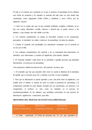 El aula es el contexto por excelencia en el que se produce el aprendizaje de los alumnos
esta forma de actuación y de entender el currículo del aula cada vez está siendo más
cuestionada, como argumentan Smith (1986) y Stainback y otros (1991), por las
siguientes razones:
1. Cada vez se acepta más que en una sociedad cambiante, compleja y dinámica, ya no
hay (un corpus informativo sencillo, discreto e inmóvil que se pueda ofrecer a los
alumnos y que asegure una vida adulta con éxito.
2. Un currículo estandarizado no incluye la diversidad existente en las experiencias
personales, la velocidad, los estilos e intereses de aprendizaje de todos los alumnos
3. Cuando el currículo está predefinido, los educadores comienzan con el currículo en
vez de con el niño.
4. Los enfoques estandarizados del currículo y de su transmisión han demostrado ser
aburridos, poco interesantes y carentes de significado para muchos alumnos.
5. El “currículo estándar” suele privar de su autoridad a aquellas personas que participan
directamente en el proceso de aprendizaje.
Una perspectiva holística/constructivista del currículo reconoce que:
1. El contenido que hay que aprender debe tener en cuenta la dinámica de la naturaleza
de aquello que se necesita para vivir y trabajar con éxito en una comunidad.
2. Para que la información se pueda aprender y usar, ésta debe tener un significado y un
sentido para el alumno se trataría de tener en cuenta el potencial de aprendizaje y la
competencia curricular de cada alumno, formado por sus experiencias, sus intereses y su
comprensión, el profesor es visto como un mediador en el proceso de
enseñanza/aprendizaje de los alumnos, que participan activamente en este proceso de
información significativa e interesante para ellos.
PRINCIPIOS DEL PROCESO DE ENSEÑANZA/APRENDIZAJE
ASUNCIONES
ESTRUCTURALISTAS
PRINCIPIOS
CONSTRUCTIVISTAS
SUPUESTOS
HOLÍSTICAS
1) Toda experiencia 4) Todas las personas son 9) Los que aprenden lo
 