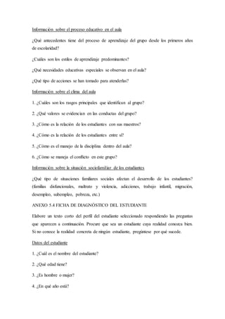 Información sobre el proceso educativo en el aula
¿Qué antecedentes tiene del proceso de aprendizaje del grupo desde los primeros años
de escolaridad?
¿Cuáles son los estilos de aprendizaje predominantes?
¿Qué necesidades educativas especiales se observan en el aula?
¿Qué tipo de acciones se han tomado para atenderlas?
Información sobre el clima del aula
1. ¿Cuáles son los rasgos principales que identifican al grupo?
2. ¿Qué valores se evidencian en las conductas del grupo?
3. ¿Cómo es la relación de los estudiantes con sus maestros?
4. ¿Cómo es la relación de los estudiantes entre sí?
5. ¿Cómo es el manejo de la disciplina dentro del aula?
6. ¿Cómo se maneja el conflicto en este grupo?
Información sobre la situación sociofamiliar de los estudiantes
¿Qué tipo de situaciones familiares sociales afectan el desarrollo de los estudiantes?
(familias disfuncionales, maltrato y violencia, adicciones, trabajo infantil, migración,
desempleo, subempleo, pobreza, etc.)
ANEXO 5.4 FICHA DE DIAGNÓSTICO DEL ESTUDIANTE
Elabore un texto corto del perfil del estudiante seleccionado respondiendo las preguntas
que aparecen a continuación. Procure que sea un estudiante cuya realidad conozca bien.
Si no conoce la realidad concreta de ningún estudiante, pregúntese por qué sucede.
Datos del estudiante
1. ¿Cuál es el nombre del estudiante?
2. ¿Qué edad tiene?
3. ¿Es hombre o mujer?
4. ¿En qué año está?
 