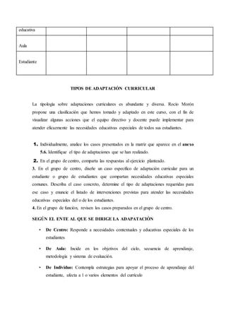 educativa
Aula
Estudiante
TIPOS DE ADAPTACIÓN CURRICULAR
La tipología sobre adaptaciones curriculares es abundante y diversa. Rocío Morón
propone una clasificación que hemos tomado y adaptado en este curso, con el fin de
visualizar algunas acciones que el equipo directivo y docente puede implementar para
atender eficazmente las necesidades educativas especiales de todos sus estudiantes.
1. Individualmente, analice los casos presentados en la matriz que aparece en el anexo
5.6. Identifique el tipo de adaptaciones que se han realizado.
2. En el grupo de centro, comparta las respuestas al ejercicio planteado.
3. En el grupo de centro, diseñe un caso específico de adaptación curricular para un
estudiante o grupo de estudiantes que compartan necesidades educativas especiales
comunes. Describa el caso concreto, determine el tipo de adaptaciones requeridas para
ese caso y enuncie el listado de intervenciones previstas para atender las necesidades
educativas especiales del o de los estudiantes.
4. En el grupo de función, revisen los casos preparados en el grupo de centro.
SEGÚN EL ENTE AL QUE SE DIRIGE LA ADAPATACIÓN
• De Centro: Responde a necesidades contextuales y educativas especiales de los
estudiantes
• De Aula: Incide en los objetivos del ciclo, secuencia de aprendizaje,
metodología y sistema de evaluación.
• De Individuo: Contempla estrategias para apoyar el proceso de aprendizaje del
estudiante, afecta a 1 o varios elementos del currículo
 