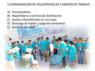 LA ORGANIZACIÓN DE VOLUNTARIOS EN 5 GRUPOS DE TRABAJOEncuestadoresRepartidores a Centros de DistribuciónAyuda a damnificados en sus casasDescarga de trailer y carga de camionetasServicios de salud