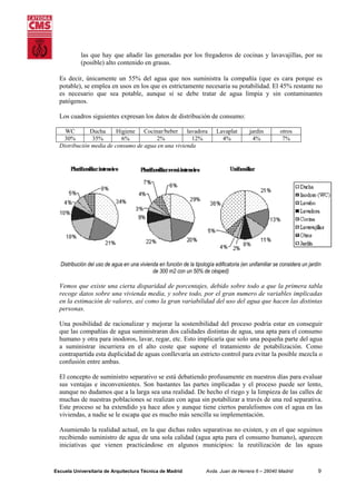 las que hay que añadir las generadas por los fregaderos de cocinas y lavavajillas, por su
(posible) alto contenido en grasas.
Es decir, únicamente un 55% del agua que nos suministra la compañía (que es cara porque es
potable), se emplea en usos en los que es estrictamente necesaria su potabilidad. El 45% restante no
es necesario que sea potable, aunque si se debe tratar de agua limpia y sin contaminantes
patógenos.
Los cuadros siguientes expresan los datos de distribución de consumo:
WC
Ducha
Higiene Cocinar/beber
lavadora
30%
35%
6%
2%
12%
Distribución media de consumo de agua en una vivienda

Lavaplat
4%

jardin
4%

otros
7%

Distribución del uso de agua en una vivienda en función de la tipología edificatoria (en unifamiliar se considera un jardín
de 300 m2 con un 50% de césped)

Vemos que existe una cierta disparidad de porcentajes, debido sobre todo a que la primera tabla
recoge datos sobre una vivienda media, y sobre todo, por el gran numero de variables implicadas
en la estimación de valores, así como la gran variabilidad del uso del agua que hacen las distintas
personas.
Una posibilidad de racionalizar y mejorar la sostenibilidad del proceso podría estar en conseguir
que las compañías de agua suministraran dos calidades distintas de agua, una apta para el consumo
humano y otra para inodoros, lavar, regar, etc. Esto implicaría que solo una pequeña parte del agua
a suministrar incurriera en el alto coste que supone el tratamiento de potabilización. Como
contrapartida esta duplicidad de aguas conllevaría un estricto control para evitar la posible mezcla o
confusión entre ambas.
El concepto de suministro separativo se está debatiendo profusamente en nuestros días para evaluar
sus ventajas e inconvenientes. Son bastantes las partes implicadas y el proceso puede ser lento,
aunque no dudamos que a la larga sea una realidad. De hecho el riego y la limpieza de las calles de
muchas de nuestras poblaciones se realizan con agua sin potabilizar a través de una red separativa.
Este proceso se ha extendido ya hace años y aunque tiene ciertos paralelismos con el agua en las
viviendas, a nadie se le escapa que es mucho más sencilla su implementación.
Asumiendo la realidad actual, en la que dichas redes separativas no existen, y en el que seguimos
recibiendo suministro de agua de una sola calidad (agua apta para el consumo humano), aparecen
iniciativas que vienen practicándose en algunos municipios: la reutilización de las aguas

Escuela Universitaria de Arquitectura Técnica de Madrid

Avda. Juan de Herrera 6 – 28040 Madrid

9

 