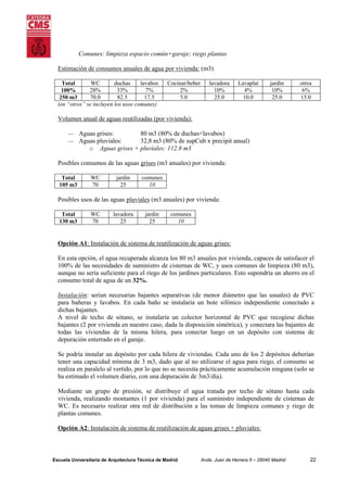 Comunes: limpieza espacio común+garaje; riego plantas
Estimación de consumos anuales de agua por vivienda: (m3)
WC
duchas
lavabos
Total
28%
33%
7%
100%
70.0
82.5
17.5
250 m3
(en “otros” se incluyen los usos comunes)

Cocinar/beber
2%
5.0

lavadora
10%
25.0

Lavaplat
4%
10.0

jardin
10%
25.0

otros
6%
15.0

Volumen anual de aguas reutilizadas (por vivienda):
⎯
⎯

Aguas grises:
80 m3 (80% de duchas+lavabos)
Aguas pluviales:
32,8 m3 (80% de supCub x precipit anual)
o Aguas grises + pluviales: 112.8 m3

Posibles consumos de las aguas grises (m3 anuales) por vivienda:
Total
105 m3

WC
70

jardin
25

comunes
10

Posibles usos de las aguas pluviales (m3 anuales) por vivienda:
Total
130 m3

WC
70

lavadora
25

jardin
25

comunes
10

Opción A1: Instalación de sistema de reutilización de aguas grises:
En esta opción, el agua recuperada alcanza los 80 m3 anuales por vivienda, capaces de satisfacer el
100% de las necesidades de suministro de cisternas de WC, y usos comunes de limpieza (80 m3),
aunque no sería suficiente para el riego de los jardines particulares. Esto supondría un ahorro en el
consumo total de agua de un 32%.
Instalación: serían necesarias bajantes separativas (de menor diámetro que las usuales) de PVC
para bañeras y lavabos. En cada baño se instalaría un bote sifónico independiente conectado a
dichas bajantes.
A nivel de techo de sótano, se instalaría un colector horizontal de PVC que recogiese dichas
bajantes (2 por vivienda en nuestro caso, dada la disposición simétrica), y conectara las bajantes de
todas las viviendas de la misma hilera, para conectar luego en un depósito con sistema de
depuración enterrado en el garaje.
Se podría instalar un depósito por cada hilera de viviendas. Cada uno de los 2 depósitos deberían
tener una capacidad mínima de 3 m3, dado que al no utilizarse el agua para riego, el consumo se
realiza en paralelo al vertido, por lo que no se necesita prácticamente acumulación ninguna (solo se
ha estimado el volumen diario, con una depuración de 3m3/día).
Mediante un grupo de presión, se distribuye el agua tratada por techo de sótano hasta cada
vivienda, realizando montantes (1 por vivienda) para el suministro independiente de cisternas de
WC. Es necesario realizar otra red de distribución a las tomas de limpieza comunes y riego de
plantas comunes.
Opción A2: Instalación de sistema de reutilización de aguas grises + pluviales:

Escuela Universitaria de Arquitectura Técnica de Madrid

Avda. Juan de Herrera 6 – 28040 Madrid

22

 
