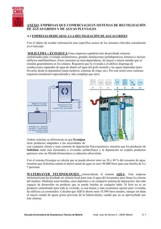 ANEXO: EMPRESAS QUE COMERCIALIZAN SISTEMAS DE REUTILIZACIÓN
DE AGUAS GRISES Y DE AGUAS PLUVIALES
A.1 EMPRESAS DEDICADAS A LA REUTILIZACIÓN DE AGUAS GRISES
Con el objeto de recabar información mas específica acerca de los sistemas ofrecidos actualmente
en el mercado

SOLICLIMA y ECOAIGUA Estas empresas españolas han desarrollado sistemas
centralizados para viviendas unifamiliares, grandes instalaciones (polideportivos, hoteles) o incluso
edificios multifamiliares. Estos consisten en mini-depuradoras, de mayor o menor tamaño que se
instalan generalmente en los sótanos. Requieren que la vivienda o el edificio disponga de
conducciones separadas de agua de abasto (el agua del grifo normal) y las aguas depuradas (para
llevarlas desde la depuradora hasta inodoros, sistemas de riego, etc). Por esta razón estos sistemas
requieren instalación especializada y más compleja que otros.

Ambos sistemas se diferencian en que Ecoaigua
tiene productos adaptados a las necesidades de
casi cualquier cliente y usan sistemas de depuración físico/químicos, mientras que los productos de
Soliclima están más destinados a viviendas unifamiliares y la depuración no emplea productos
químicos sino un filtrado biomecánico y radiación ultravioleta.
Con el sistema Ecoaigua se calcula que se pueda ahorrar entre un 30 y 40 % del consumo de agua,
mientras que Soliclima estima el ahorro anual de agua en unos 90.000 litros para una familia de 4 o
5 personas.

WATERSAVER TECHNOLOGIES comercializan el sistema AQUS,. Esta empresa
norteamericana ha diseñado un sistema local para usar el agua del lavamanos para llenar la cisterna
del inodoro. Mediante unas bombas, unos depósitos y un compacto sistema de depuración, han sido
capaces de desarrollar un producto que se puede instalar en cualquier baño. Si bien no es un
producto centralizado para toda la vivienda, es una buena y más económica opción para viviendas
de edificios ya construidos. Calculan que AQUS ahorra unos 18.500 litros anuales, aunque sin duda
el mayor caudal de aguas grises proviene de la bañera-ducha, caudal que no es aprovechado por
éste sistema.

Escuela Universitaria de Arquitectura Técnica de Madrid

Avda. Juan de Herrera 6 – 28040 Madrid

A- 1

 