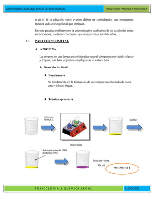 UNIVERSIDAD NACINAL MAOR DE SAN MARCOS FACULTAD DE FARMACIA Y BIOQUÍMICA
T O X I C O L O G Í A Y Q U Í M I C A L E G A L ALCALOIDES
o en el de la adicción; estos eventos deben ser considerados una emergencia
médica dado el riesgo letal que implican.
En esta práctica realizaremos la determinación cualitativa de los alcaloides antes
mencionados, mediante reacciones que nos permitan identificarlos.
II. PARTE EXPERIMETAL
A. ATROPINA
La atropina es una droga anticolinérgica natural compuesta por ácido trópico
y tropina, una base orgánica compleja con un enlace éster.
1. Reacción de Vitali
 Fundamento
Se fundamenta en la formación de un compuesto coloreado de color
azul violáceo fugaz.
 Técnica operatoria
Resultado: (-)
 