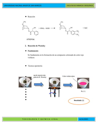 UNIVERSIDAD NACINAL MAOR DE SAN MARCOS FACULTAD DE FARMACIA Y BIOQUÍMICA
T O X I C O L O G Í A Y Q U Í M I C A L E G A L ALCALOIDES
 Reacción
2. Reacción de Wasicky
 Fundamento
Se fundamenta en la formación de un compuesto coloreado de color rojo
violáceo.
 Técnica operatoria









 Resultado: (-)
 