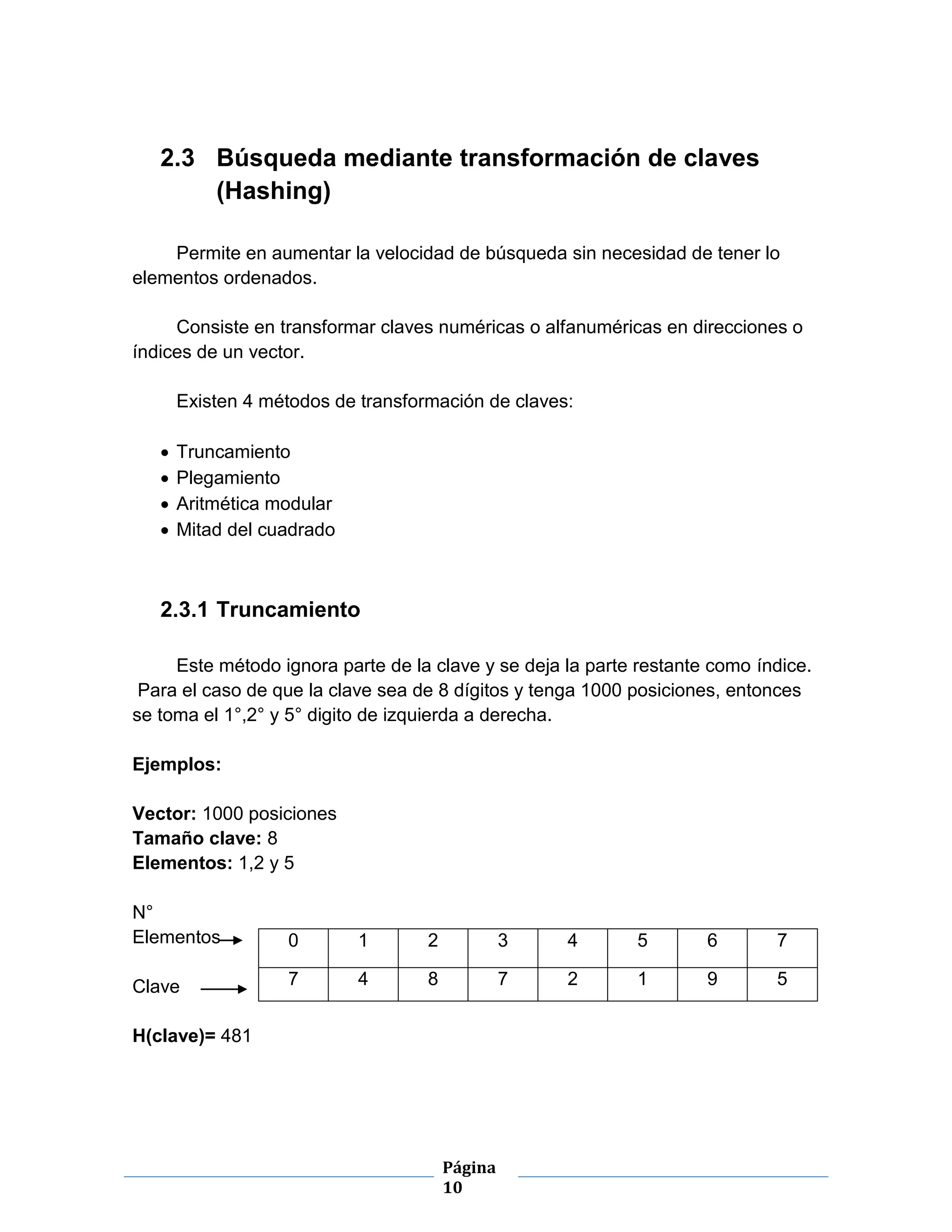 Página
10
2.3 Búsqueda mediante transformación de claves
(Hashing)
Permite en aumentar la velocidad de búsqueda sin necesidad de tener lo
elementos ordenados.
Consiste en transformar claves numéricas o alfanuméricas en direcciones o
índices de un vector.
Existen 4 métodos de transformación de claves:
 Truncamiento
 Plegamiento
 Aritmética modular
 Mitad del cuadrado
2.3.1 Truncamiento
Este método ignora parte de la clave y se deja la parte restante como índice.
Para el caso de que la clave sea de 8 dígitos y tenga 1000 posiciones, entonces
se toma el 1°,2° y 5° digito de izquierda a derecha.
Ejemplos:
Vector: 1000 posiciones
Tamaño clave: 8
Elementos: 1,2 y 5
N°
Elementos
Clave
H(clave)= 481
0 1 2 3 4 5 6 7
7 4 8 7 2 1 9 5
 