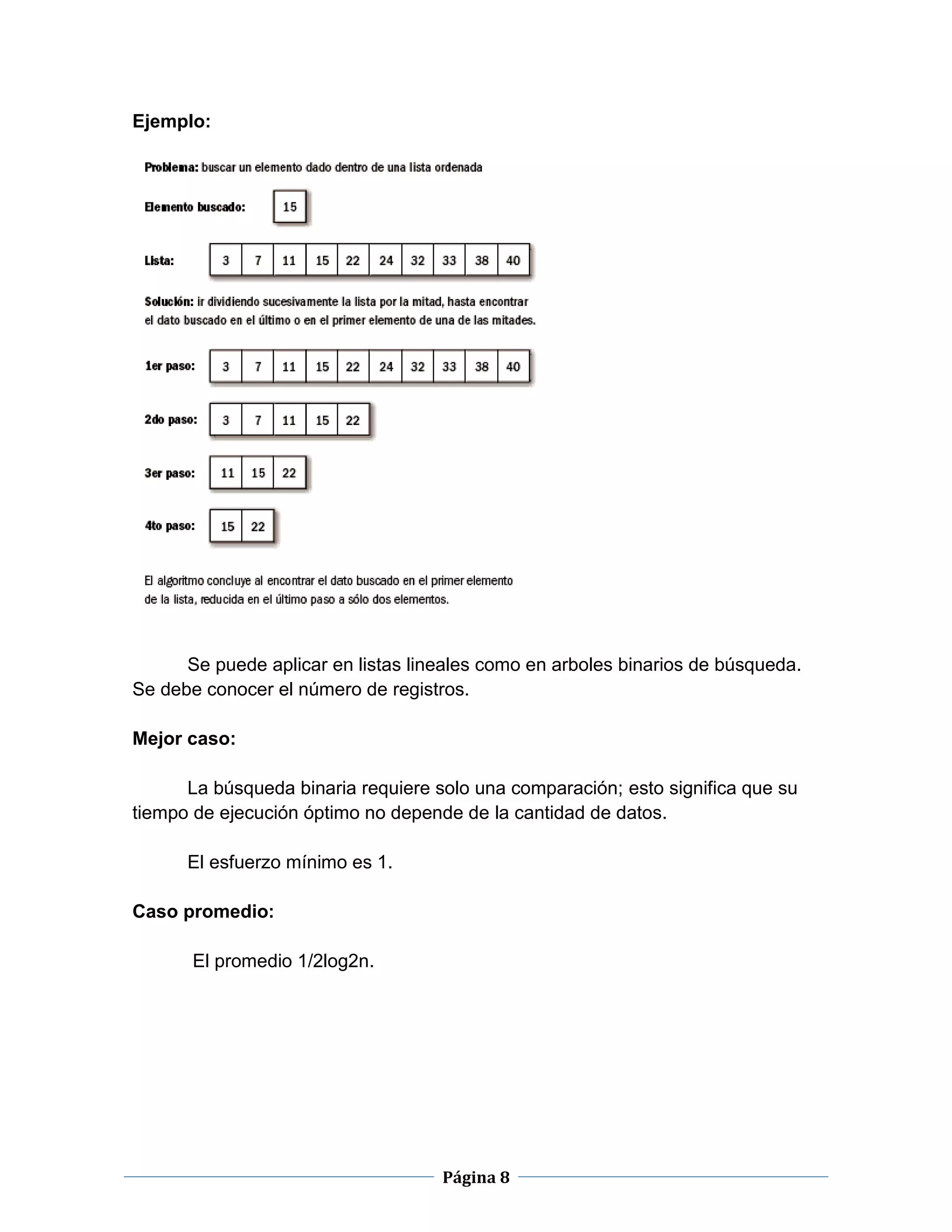 Página 8
Ejemplo:
Se puede aplicar en listas lineales como en arboles binarios de búsqueda.
Se debe conocer el número de registros.
Mejor caso:
La búsqueda binaria requiere solo una comparación; esto significa que su
tiempo de ejecución óptimo no depende de la cantidad de datos.
El esfuerzo mínimo es 1.
Caso promedio:
El promedio 1/2log2n.
 