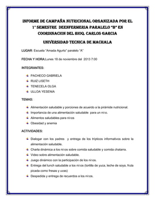 INFORME DE CAMPAÑA NUTRICIONAL ORGANIZADA POR EL
1° semestre DEENFERMERIA PARALELO “B” EN
COORDINACION DEL BIOQ. CARLOS GARCIA
UNIVERSIDAD TECNICA DE MACHALA
LUGAR: Escuela “Amada Agurto” paralelo “A”
FECHA Y HORA:Lunes 18 de noviembre del 2013 7:00
INTEGRANTES:
PACHECO GABRIELA
RUIZ LISETH
TENECELA OLGA
ULLOA YESENIA
TEMAS:
Alimentación saludable y porciones de acuerdo a la pirámide nutricional.
Importancia de una alimentación saludable para un niño.
Alimentos saludables para niños
Obesidad y anemia
ACTIVIDADES:
Dialogar con los padres y entrega de los trípticos informativos sobre la
alimentación saludable.
Charla dinámica a los niños sobre comida saludable y comida chatarra.
Video sobre alimentación saludable.
Juego dinámico con la participación de los niños.
Entrega del lunch saludable a los niños (tortilla de yuca, leche de soya, fruta
picada como fresas y uvas)
Despedida y entrega de recuerdos a los niños.

 