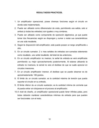 12
RESULTADOS PRACTICOS.
1. Un amplificador operacional, posee diversas funciones según el circuito en
donde este implementado.
2. Puede ser utilizado como diferenciador de onda, permitiendo una salida, solo si
ambas (o todas las entradas) son iguales o muy similares.
3. Puede ser utilizado como componente de operación algebraica, ya que puede
tomar dos frecuencias según se dispongan y sumar o restar sus características
en una sola resultante.
4. Según la disposición del amplificador, este puede poseer un rango amplificante u
otro.
5. En un circuito sumador, 2 o mas señales de entradas son sumadas obteniendo
como resultado, una señal resultante del total de las anteriores.
6. En un circuito amplificador no inversor, la señal de entrada se verá amplificada
permitiendo su mejor aprovechamiento posteriormente. Al estarse utilizando la
entrada no inversora, la senial no vera el desfase de que se suele apreciar en
circuitos inversores.
7. En un circuito amplificador inversor, el desfase que se puede observar es de
aproximadamente 180 grados.
8. El límite de un circuito sumador, es la cantidad máxima de tensión que pueda
soportar el circuito en su entrada.
9. El límite inferior de un circuito sustractor, es la cantidad mínima de corriente que
él pueda entrar sin disiparse en el proceso al amplificador.
10.A nivel de diseño, un amplificador operacional puede tener infinitas patas, pero
todas deberán mantener características mínimas de entrada para que pueden
ser funcionales con el resto.
 