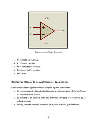 6
Diagrama de Amplificador Operacional.
 V1: Entrada No-Inversora.
 V2: Entrada Inversora.
 Vs+: Alimentación Positiva.
 Vs-: Alimentación Negativa.
 V0: Salida.
Condiciones Básicas de los Amplificadores Operacionales
En los amplificadores operacionales se cumplen algunas condiciones:
 La impedancia entre las entradas (Inversora y no inversora) es infinita, por lo que
no hay corriente de entrada.
 La diferencia de potencia; entre las terminales inversora y no inversora es, o
debería ser nula.
 No hay corriente entrando o saliendo de la patas inversora y no inversora.
 