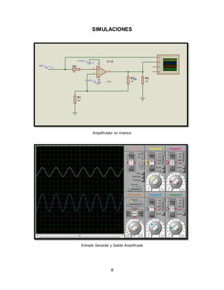 8
SIMULACIONES
Amplificador no inversor
Entrada Senoidal y Salida Amplificada
 