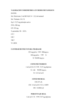 VALORACION YODOMETRICA EN MEDIO METANOLICO
DATOS:
Sol. Disolvente: 5 ml HCl 0,01 N + 12,5 ml metanol
Sol. Titulante: I 0.1 N
Eq I: 17,57 mg principio activo
P.PA: 500 mg
CP: 555 mg
% permitido: 98 – 101%
CT:?
CR:?
%R:?
V:1.0054
CANTIDAD DE POLVO PARA TRABAJAR
555 mg polvo 500mg p.a.
100 mg polvo X
X= 90,090 mg p.a.
CONSUMO TEORICO
1 ml sol I 0.1 N 17,57 mg dipirona
X 90.090 mg p.a.
X= 5,12 ml sol I
CONSUMO REAL
CR=CP x K
CR= 14 ml sol 0.1 N I x 1.0059
CR= 14.0826 ml
PORCENTAJE REAL
1 ml sol I 1 N 17,57 mg dipirona
 