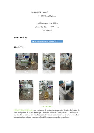 14.0826 1 N X
X= 247,43 mg Dipirona
90,090 mg p.a. 100%
247,43 mg p.a. X
X= 274,64%
RESULTADOS:
14 ml de solución de yodo 0.1 N
GRÁFICOS:
GLOSARIO
PROSTAGLANDINAS: son conjuntos de sustancias de carácter lipídico derivadas de
los ácidos grasos de 20 carbonos que contienen un anillo ciclo pentano y constituyen
una familia de mediadores celulares con efectos diversos a menudo contrapuestos. Las
prostaglandinas afectan y actúan sobre diferentes sistemas del organismo.
 