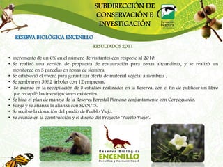 SUBDIRECCIÓN DE
                                         CONSERVACIÓN E
                                          INVESTIGACIÓN
   RESERVA BIOLÓGICA ENCENILLO
                                         RESULTADOS 2011

• incremento de un 6% en el número de visitantes con respecto al 2010.
• Se realizó una versión de propuesta de restauración para zonas altoandinas, y se realizó un
  monitoreo en 3 parcelas en zonas de siembra.
• Se estableció el vivero para garantizar oferta de material vegetal a siembras .
• Se sembraron 3992 árboles con 12 empresas.
• Se avanzó en la recopilación de 5 estudios realizados en la Reserva, con el fin de publicar un libro
  que recopilé las investigaciones existentes.
• Se hizo el plan de manejo de la Reserva Forestal Pionono conjuntamente con Corpoguavio.
• Surge y se afianza la alianza con SCOUTS.
• Se recibió la donación del predio de Pueblo Viejo.
• Se avanzó en la construcción y el diseño del Proyecto "Pueblo Viejo".
 