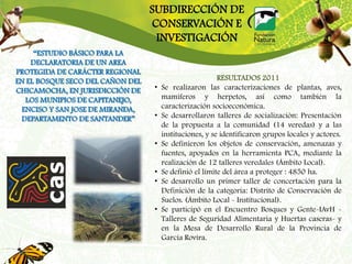 SUBDIRECCIÓN DE
                                  CONSERVACIÓN E
                                   INVESTIGACIÓN
     “ESTUDIO BÁSICO PARA LA
    DECLARATORIA DE UN AREA
PROTEGIDA DE CARÁCTER REGIONAL
EN EL BOSQUE SECO DEL CAÑON DEL                          RESULTADOS 2011
CHICAMOCHA, EN JURISDICCIÓN DE    •   Se realizaron las caracterizaciones de plantas, aves,
  LOS MUNIPIOS DE CAPITANEJO,         mamíferos y herpetos, así como también la
 ENCISO Y SAN JOSE DE MIRANDA,        caracterización socioeconómica.
 DEPARTAMENTO DE SANTANDER”       •   Se desarrollaron talleres de socialización: Presentación
                                      de la propuesta a la comunidad (14 veredas) y a las
                                      instituciones, y se identificaron grupos locales y actores.
                                  •   Se definieron los objetos de conservación, amenazas y
                                      fuentes, apoyados en la herramienta PCA, mediante la
                                      realización de 12 talleres veredales (Ámbito Local).
                                  •   Se definió el límite del área a proteger : 4850 ha.
                                  •   Se desarrollo un primer taller de concertación para la
                                      Definición de la categoría: Distrito de Conservación de
                                      Suelos. (Ámbito Local - Institucional).
                                  •   Se participó en el Encuentro Bosques y Gente-IAvH -
                                      Talleres de Seguridad Alimentaria y Huertas caseras- y
                                      en la Mesa de Desarrollo Rural de la Provincia de
                                      García Rovira.
 